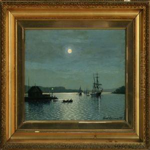 Moonlight With Sailing Ships In The Roads, Svendborgsund by Albert Kromann