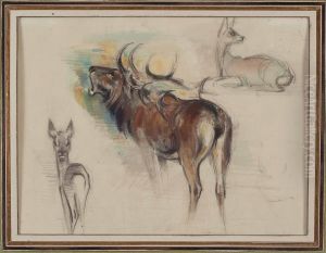 Rohrender Hirsch Und Zwei Rehe by Christian Johann Kroner