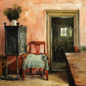 Rosy Interior With A Cast Iron Oven And A Spinning Wheel In The Room Next Door by Marie Martha Kroyer