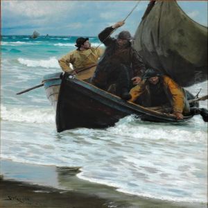 Hjemvendende Fiskere Ifaerd Med At Stryge Sejlene Paa Baaden, Der Lober Ind Mod Strandkanten by Peder Severin Kroyer