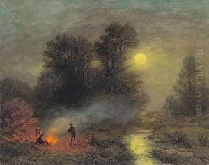 A Night Landscape With Figures At A Campfire