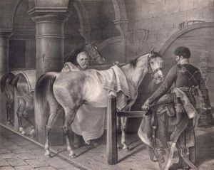Husar Beimaufsatteln Seines Pferdes - Stallszene Mit Boxengasse Undknecht by Franz Krutger