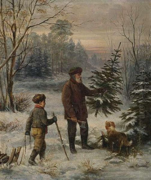 Father And Son In A Wintry Forest Cutting Down A Tree - view 1