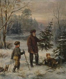 Father And Son In A Wintry Forest Cutting Down A Tree by Franz Ludwig August Kruger
