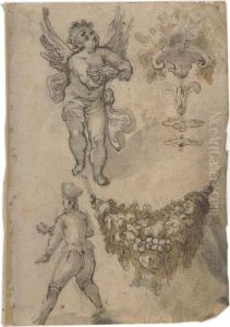 Skizzenbuchblatt Mit Engel Und Fruchtegirlande. by Hans Krumper