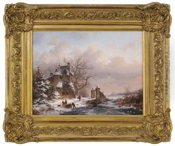 Abendliche Winterlandschaft Mit Einem Villenanwesen Und Holzsammlern - view 1