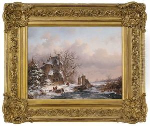 Abendliche Winterlandschaft Mit Einem Villenanwesen Und Holzsammlern