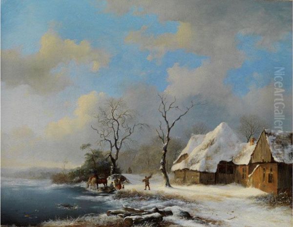 Winterlandschaft Mit Verrschneiten Katen, Kahlen Baumen Und Reisigsammlern An Vereistem Ufer - view 1
