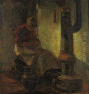 Mending By The Stove by Herman Kruyder