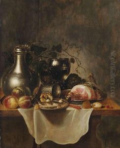 Breakfast Still Life With Pewter Jar, Rummer, Ham, Whiteherring And Fruits On A Table.