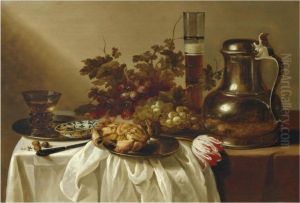 Still Life With A Pewter Flagon Together With A Glass Of Beer, Acrab, A Blue-and-white Dish And A Roemer On Pewter Dishes, Togetherwith A Knife, Hazelnuts, A Tulip And Bunches Of Grapes On A Tablepartly Draped With A White Cloth