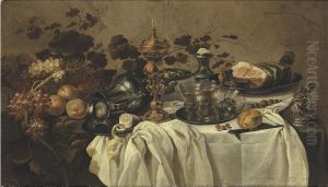A Gilt Cup And Cover, An Overturned Pewter Jug, Fruit, A Ham On A Pewter Plate, Three Berkmeyer Glasses On A Pewter Plate, A Salt, A Porcelain Mustard Pot, A Knife And A Partly Peeled Lemon On A Partly Draped Table. by Cornelis Cruys
