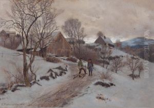 Verschneite Dorfhauser Und Zwei Kinder Mit Schlitten by Erich Kubierschky