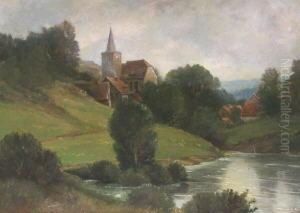 Baumbestandene Flusslandschaft Mit Kirche Und Hausern. Ol Auf Malpappe, Etwas Verzogen. 58 X 79,5 Cm. Munchen 1904. Links Unten Signiert Und Datiert Sowie Ruckseitig Signiert, Datiert Und Mit No. 267 Versehen. Gerahmt. by Erich Kubierschky