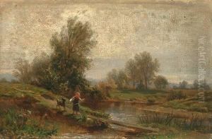 Bachlandschaft Aneinem Sommertag, Kind Mit Ziege Am Ufer Bachlandschaft Aneinem Sommertag, Kind Mit Ziege Am Ufer