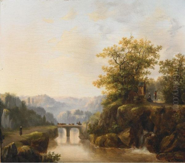 Figures At A Bridge Over A River Landscape - view 1