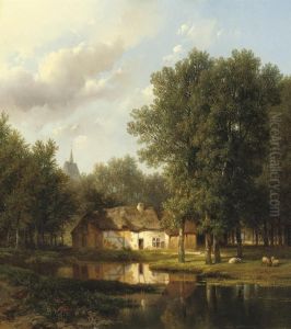 A Sunlit Cottage Near A Pond by Pieter Lodewijk Kuhnen
