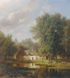Sheep Before A Farmhouse In A Wooded River Landscape by Pieter Lodewijk Kuhnen