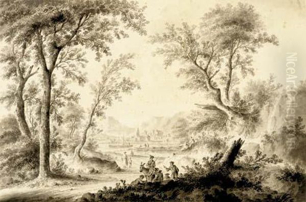 Landscape With Figures, A Lake, Village, And Mountains In The Distance - view 1