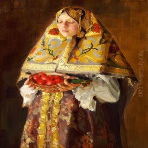 A Young Russian Woman With A Dish Of Apples by Ivan Semionovich Kulikov