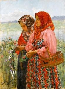Two Young Girls Gathering Flowers by Ivan Semionovich Kulikov