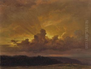 Weite Hugelige Landschaft Bei Sonnenuntergang by Karl Robert Kummer