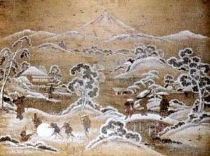 Figures Within A Snowy Landscape Scene by Utagawa Kunihisa