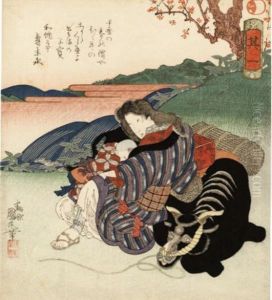 From The Surimono Series Suru Ichi [first Of A Set Of Companions] Commissioned By The Taikogawa Poetry Club, An Oharame Wood Cutter And A Child Resting Beside An Ox, The Poem Reads Senkin No