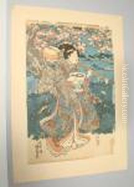 Woman In A Cherry Tree Landscape Carrying A Biwa On Her Shoulder - view 1