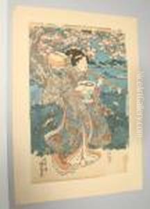 Woman In A Cherry Tree Landscape Carrying A Biwa On Her Shoulder by Gototei Kunisada