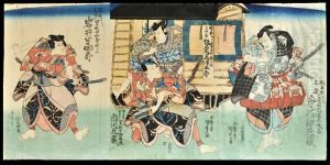 Triptych: Two Men Emerging From A Palanquin Are Attacked By Warriors Triptych: Two Men Emerging From A Palanquin Are Attacked By Warriors