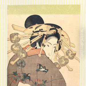 Diptykon Wood Block Print In The Shape Of A Bijin by Gototei Kunisada