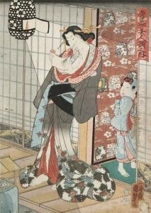 Een Schoonheid Met Zakdoek Tussen De Lippen by Utagawa Kunisada