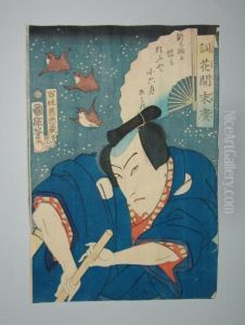 Acteur En Buste Portant Un Kimono Bleu by Kuniteru