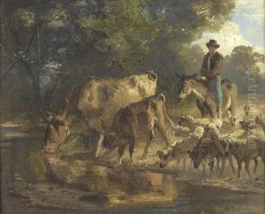 Reitender Hirte Mit Kuhen Und Schafen Bei Bach. by Adrian Kunkler