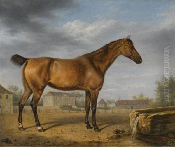A Study Of A Bay Thoroughbred In A Landscape, A Castle Beyond - view 1