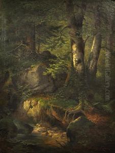 Wooded Landscape With A Stream by Auguste Kunz