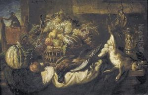 Jagdstillleben Mit Fruchtekorb Und Affe. by Ludwig Adam Kunz