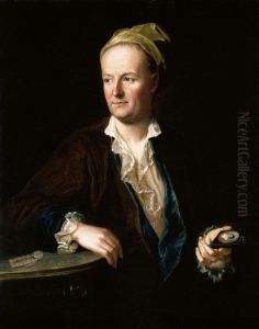 Portrait Of A Gentleman, Half Length, Wearing A Brown Overcoat, Leaning Against A Table And Holding A Miniature