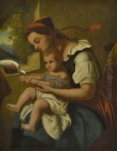 Mutter Mit Kind Beim Futtern Einer Taube by Friedrich Kupper