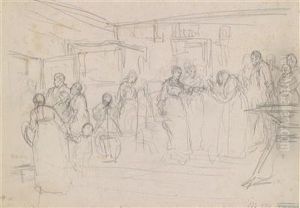 Studienblatt Mit Mehreren Figuren In Einer Stube by Eduard Kurzbauer