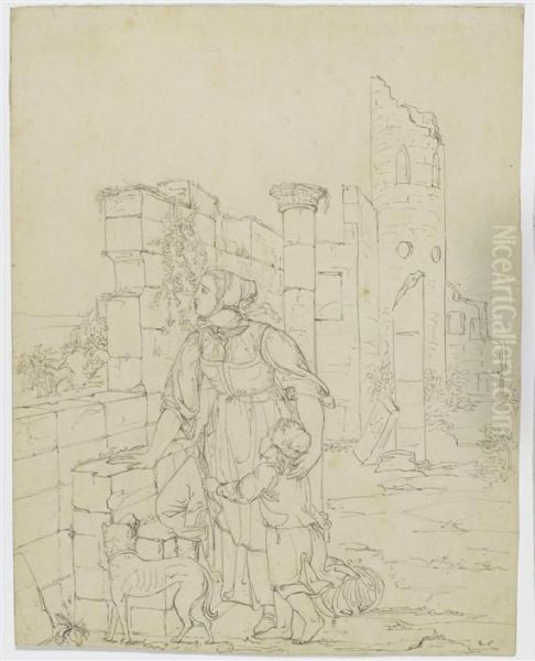 Mother And Child Hiding In A Ruined Castle - view 1