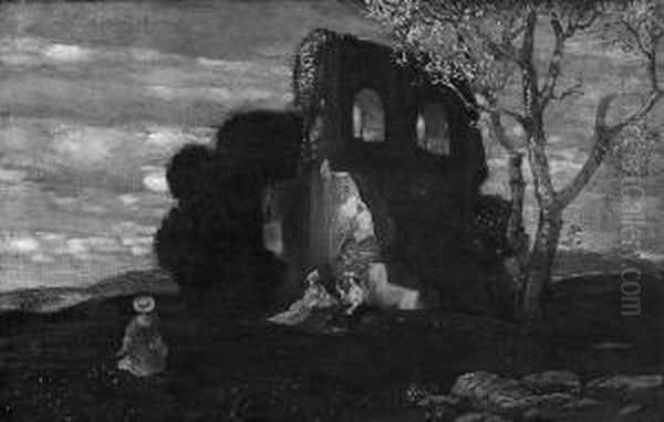 "romische Ruinenlandschaft Mit Drei Frauen Auf Der Wiese Bei Der Rast". Sign., Rucks. Bez. Und Betitelt. Ol Auf Lwd. Rest. 38 X 60 Cm. Rahmen - view 1