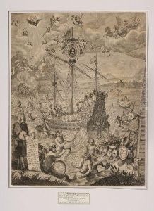 Galeone Al Centro Di Una Baia
 , Bulino E Acuqaforte, In Basso A Destra by Melchior Kusel