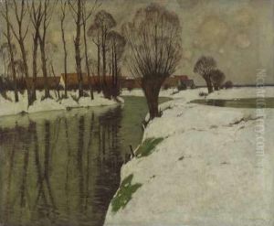 Winterliche Flusslandschaft Mit Dorfansicht by Carl Kustner