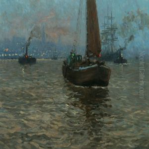 Evening View Over Theharbour In Hamburg by Paul Kutscha