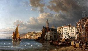 A Port Scene With Shipping And Figures by Charles Euphrasie Kuwasseg
