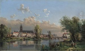 Figures Fishing And Mingling Along The Village Coast by Charles Euphrasie Kuwasseg