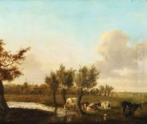 Zugeschrieben Landschaft Mit Kuhen Und Melkender Bauerin
