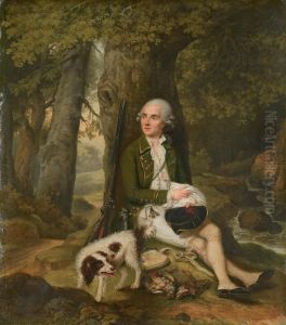 Chasseur Au Repos Pres D'une Riviere Avec Son Chien Chasseur Au Repos Pres D'une Riviere Avec Son Chien